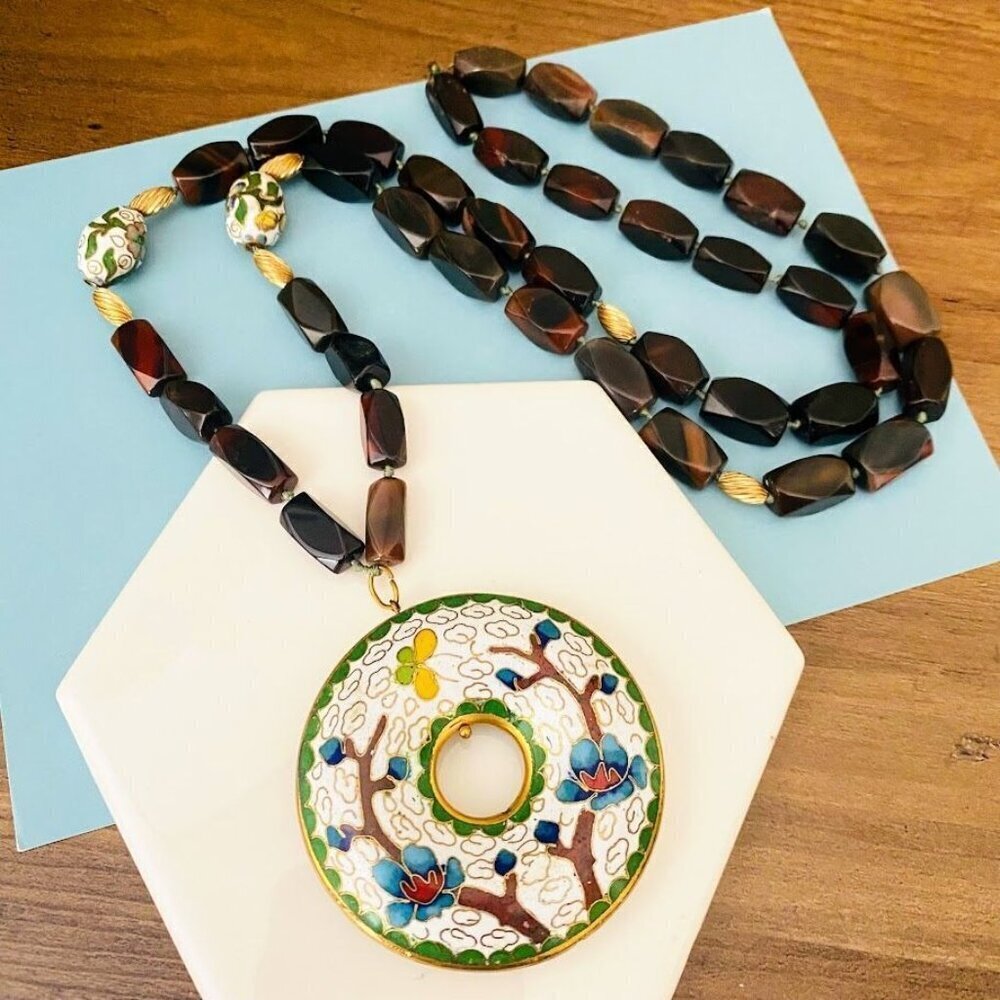 Vintage Cloisonné Ping An Kou Pendant Necklace With Red Tigers Eye Beads 30"